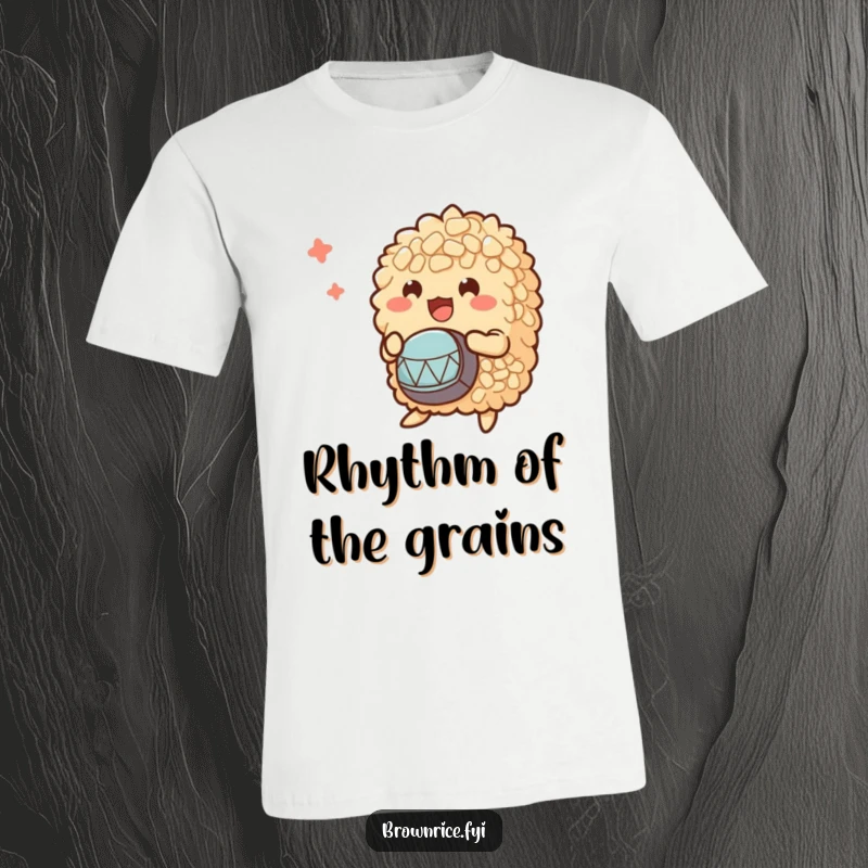 Funny t-shirt showcasing a clump of brown rice characters enthusiastically playing tiny drums, creating a fun musical scene.