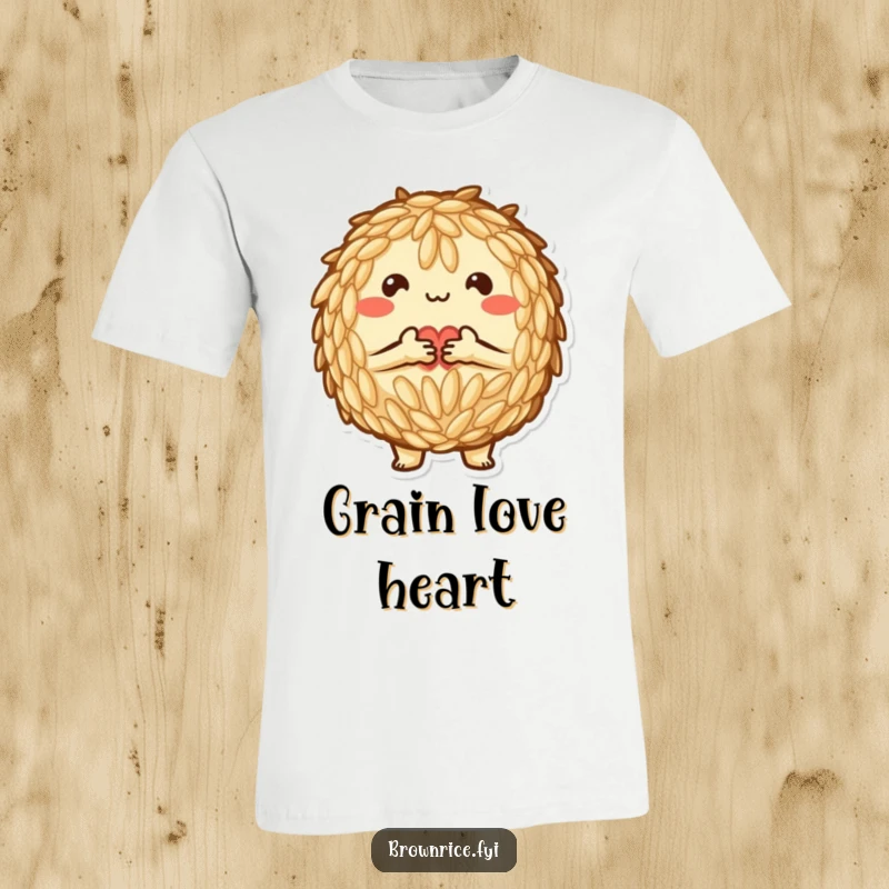 Funny T-Shirt: A cute brown rice character affectionately making a heart shape with its grains, radiating love.