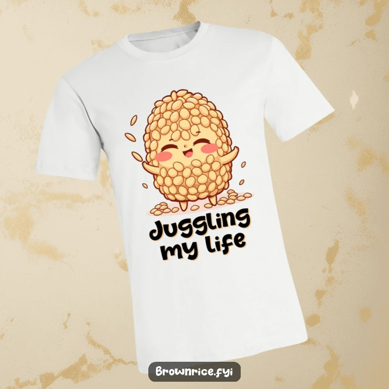 Funny brown rice character t-shirt, winking with a mischievous grin while juggling miniature rice grains, showcasing impressive skills.