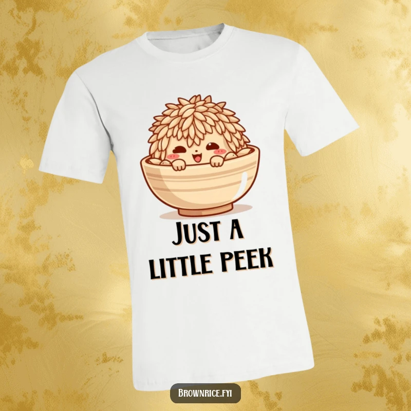 Funny t-shirt with a mischievous brown rice grain character peeking from a bowl, embodying playful secrecy.