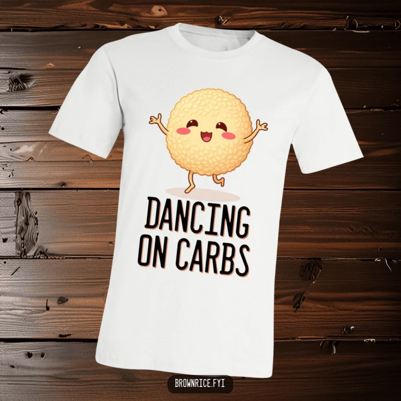 Funny brown rice ball doing a silly dance with wobbly legs, a cute cartoon printed on a comfortable t-shirt.