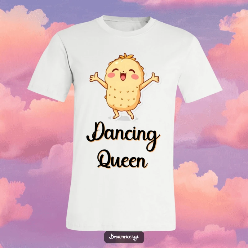 Funny t-shirt illustration of a brown rice character enthusiastically dancing with arms flung wide, a fantastic funny gift.