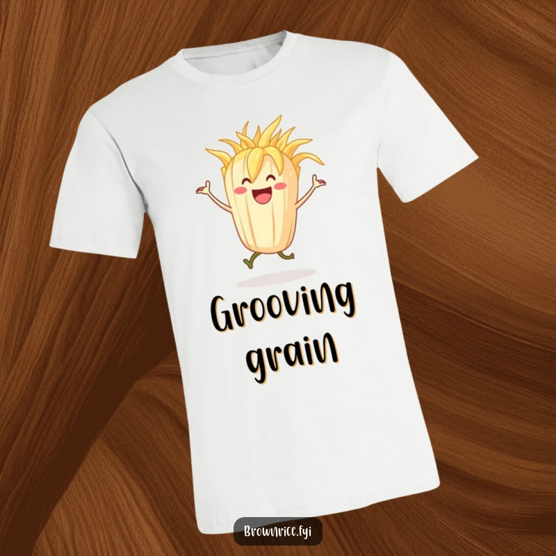 Grinning stalk of rice character dancing joyfully with wild abandon on a funny t-shirt.