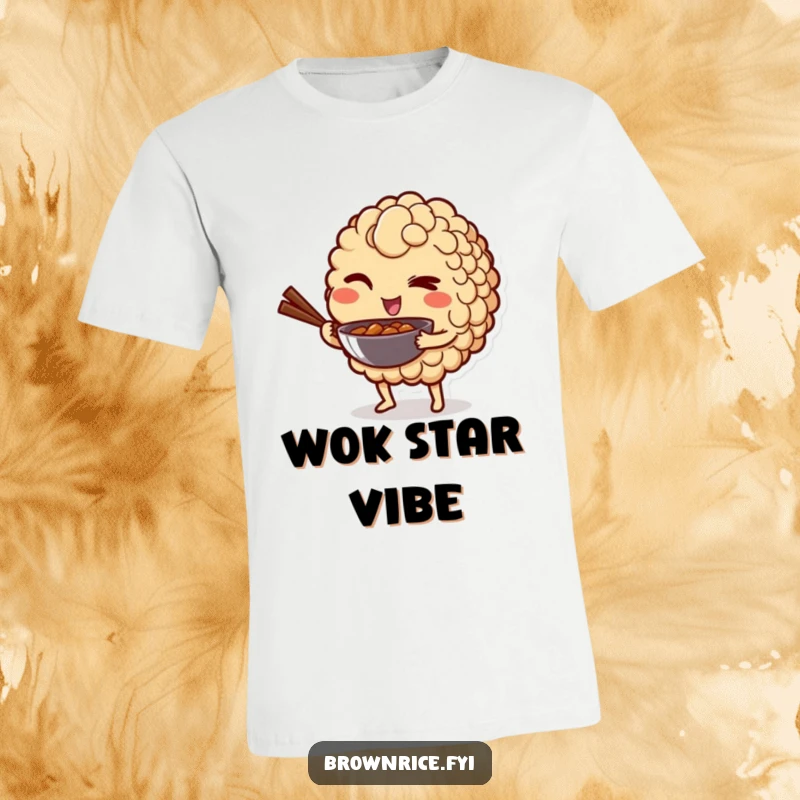 Funny t-shirt of a brown rice grain character winking playfully while holding a mini wok, showcasing a mischievous and fun attitude.