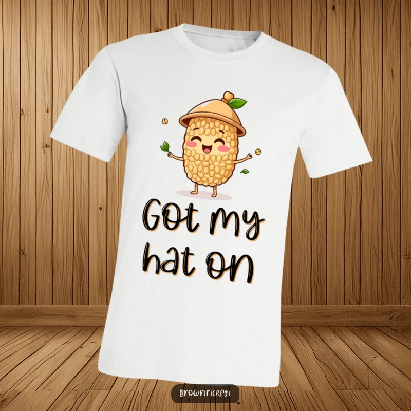 Funny t-shirt showcasing a happy brown rice grain character in a hat, juggling green sprouts with impressive dexterity.
