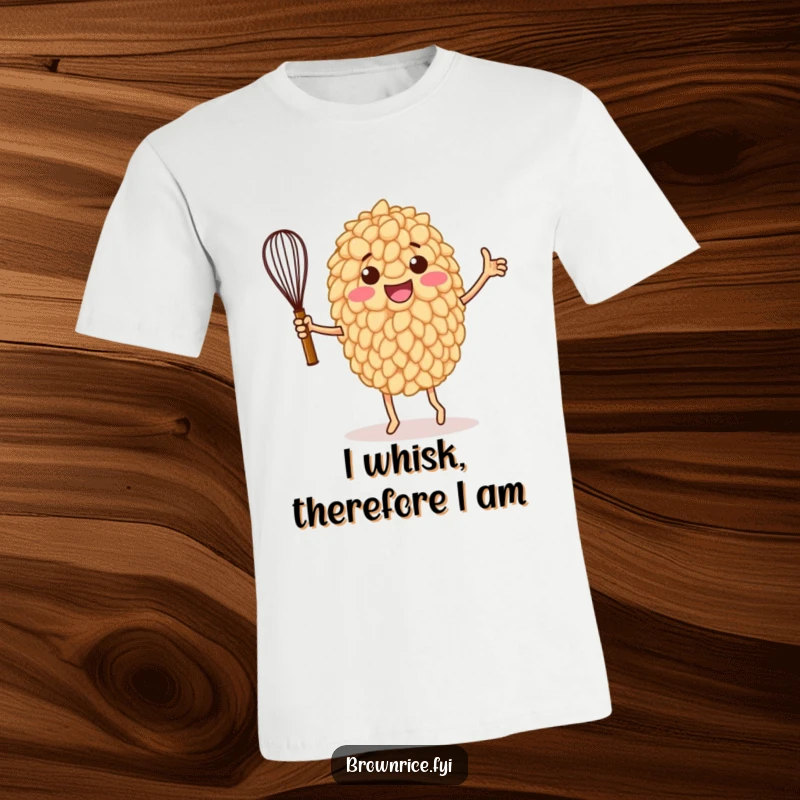 Funny t-shirt featuring a brown rice grain character gleefully dancing with a whisk, radiating pure culinary triumph and joy.