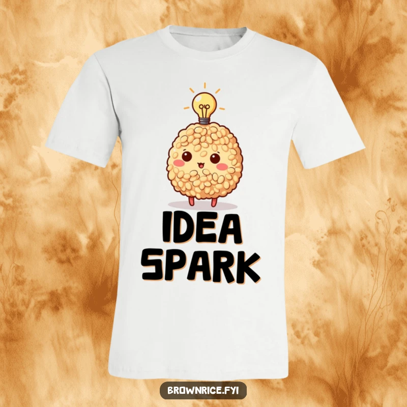 Funny Brown Rice T-Shirt showcasing a brown rice character with a lit lightbulb above its head, signifying a moment of genius.
