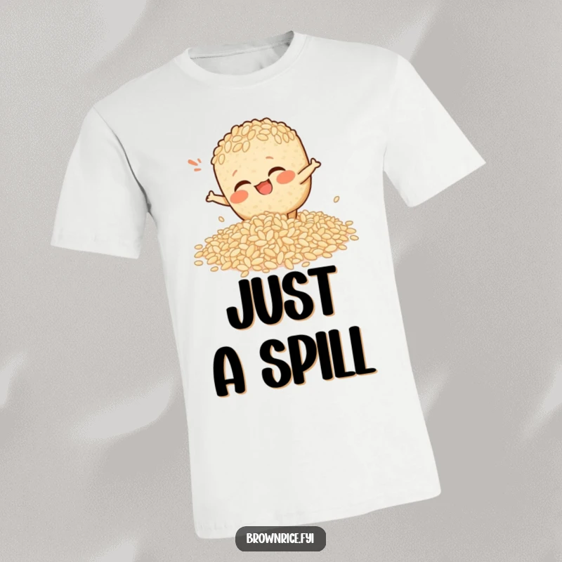 Funny t-shirt depicting a brown rice character comically losing balance while slipping on spilled rice, perfect funny gift.