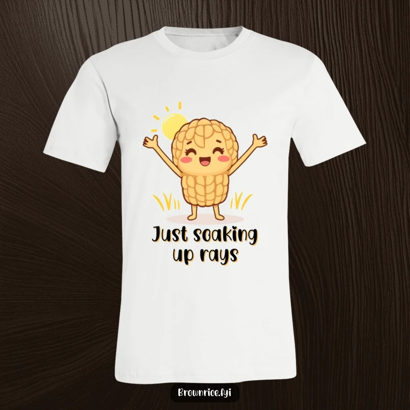 Funny t-shirt showcasing a happy brown rice grain character with arms outstretched, enjoying a sunny stretch in a delightful cartoon style.