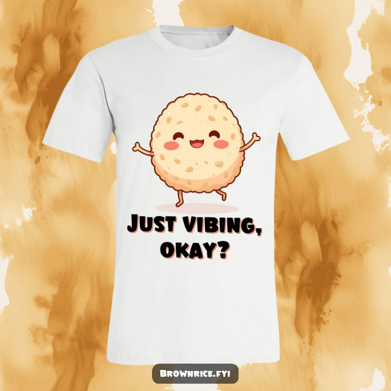 Funny kawaii brown rice ball with stubby legs performing a comical, energetic dance, printed on a comfortable graphic tee.