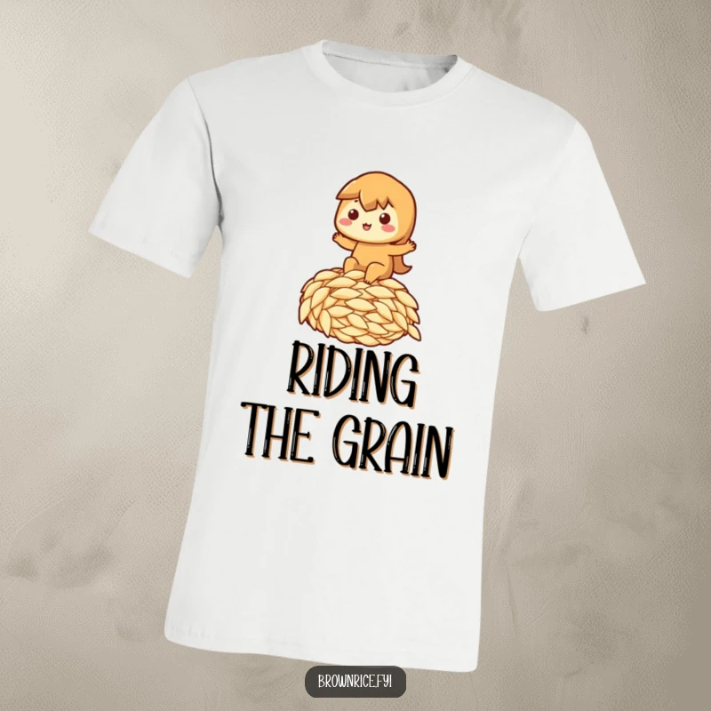 Funny t-shirt illustration of a brown rice character happily riding atop a giant grain of rice, a great funny gift.