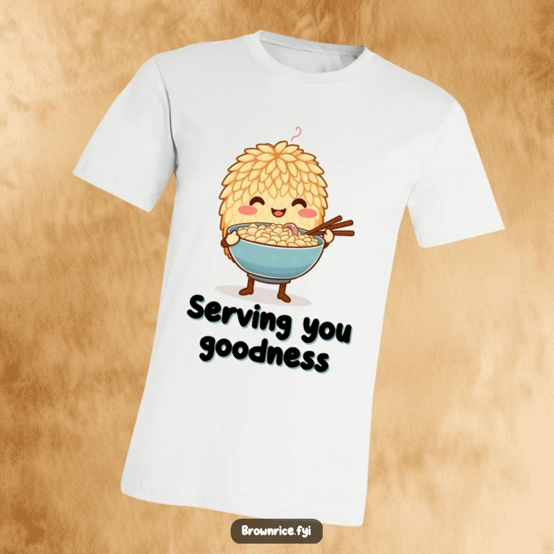 Funny t-shirt depicting a kind brown rice grain character presenting a steaming bowl with utmost care and gentle affection.