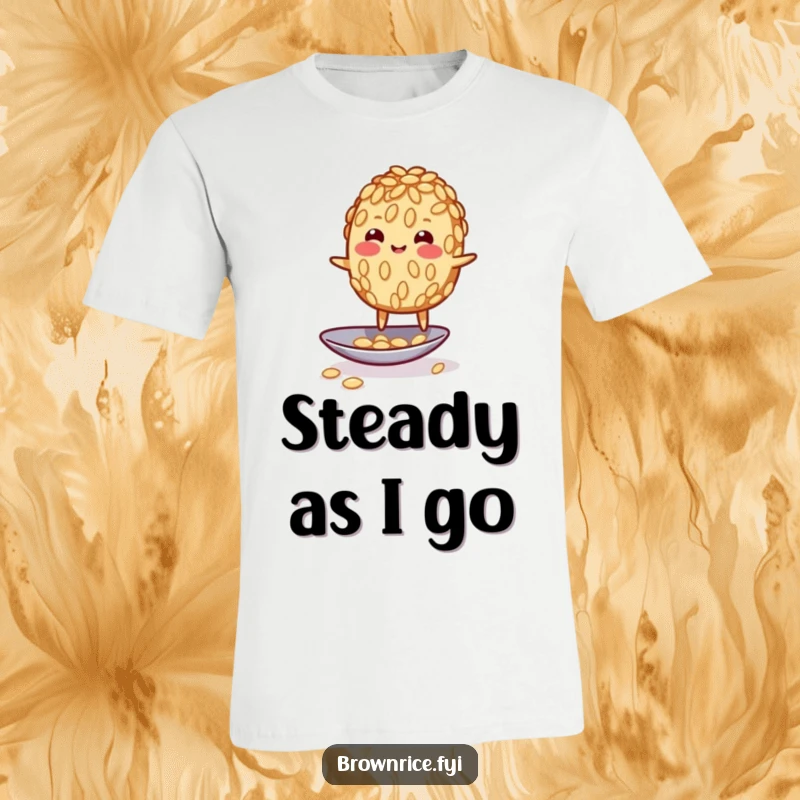 Funny wobbly brown rice grain character humorously balancing on a spoon, depicting a precarious and amusing situation on a t-shirt.
