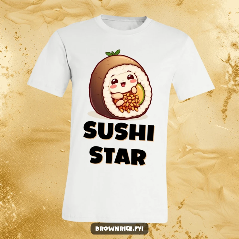 Funny playful brown rice grain character humorously sliding into a sushi roll, depicting a fun and quirky scene on a t-shirt.