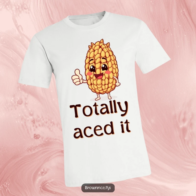 Funny t-shirt showcasing a brown rice grain character with a wide smile, enthusiastically giving a thumbs up gesture.