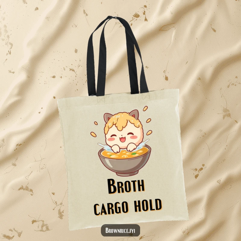 Funny brown rice character splashing playfully in a bowl of broth, featured on a humorous tote bag.