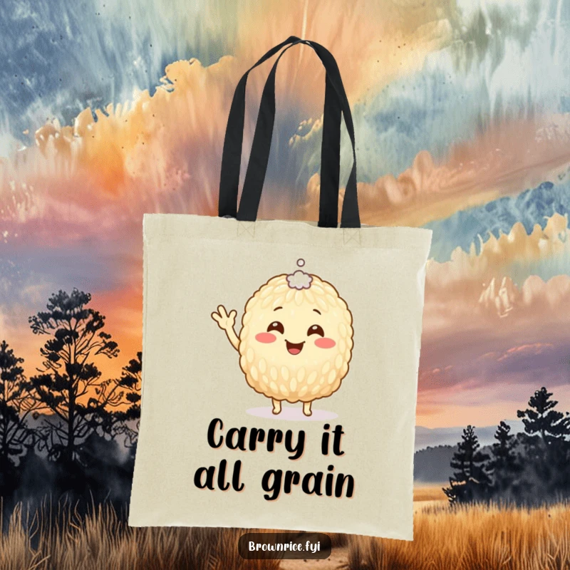 Funny Tote Bag with a cheerful brown rice grain character waving, a tiny salt speck on its head, ready for errands.