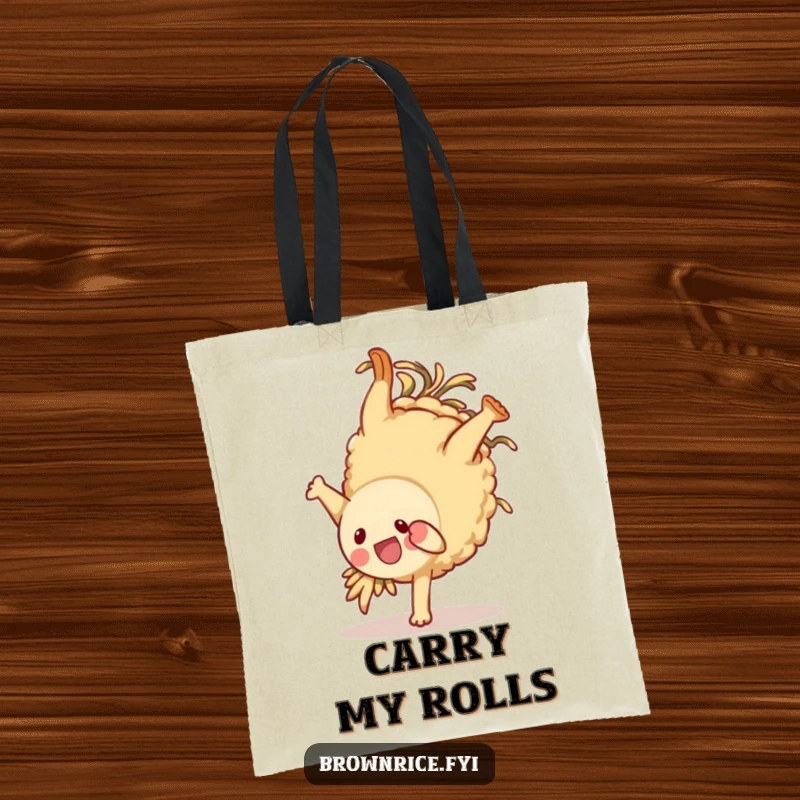 Funny brown rice character tote bag, cheerfully doing a playful somersault, perfect for carrying groceries with humor.
