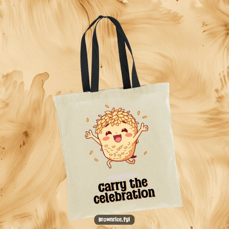 Funny brown rice character performing an exuberant jump, perfect for a durable and humorous tote bag design.