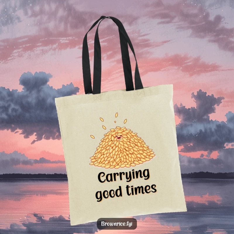 Funny pile of brown rice grains giggling and bouncing playfully, printed on a durable and cheerful tote bag.