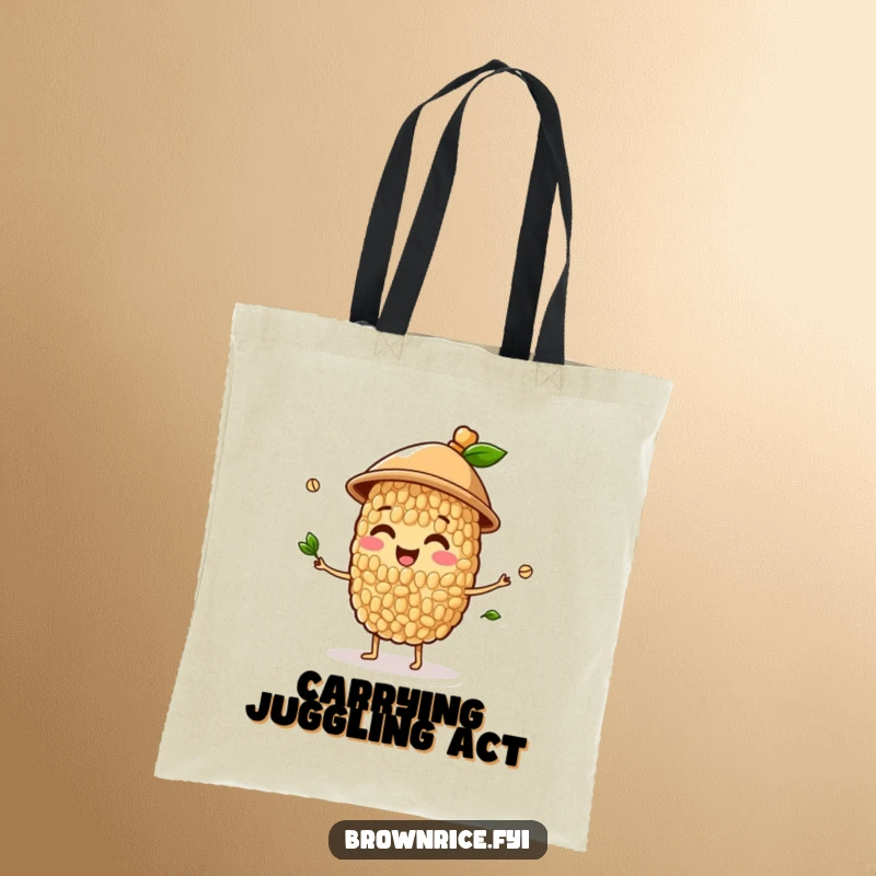 Funny tote bag with a happy brown rice grain character in a hat juggling sprouts, ideal for performers and multitaskers.