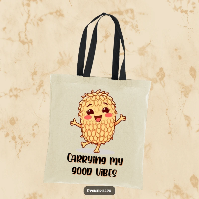 Funny tote bag featuring a happy brown rice grain character dancing energetically, perfect for carrying essentials with a smile.