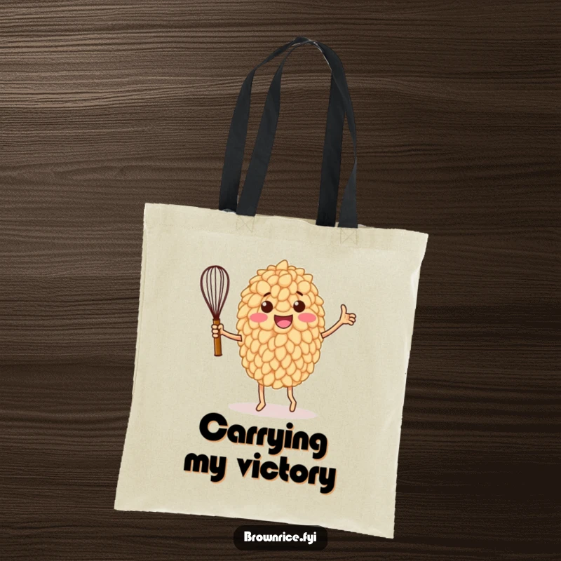 Funny tote bag showcasing a brown rice grain character performing an energetic victory dance, holding a whisk aloft in triumph.