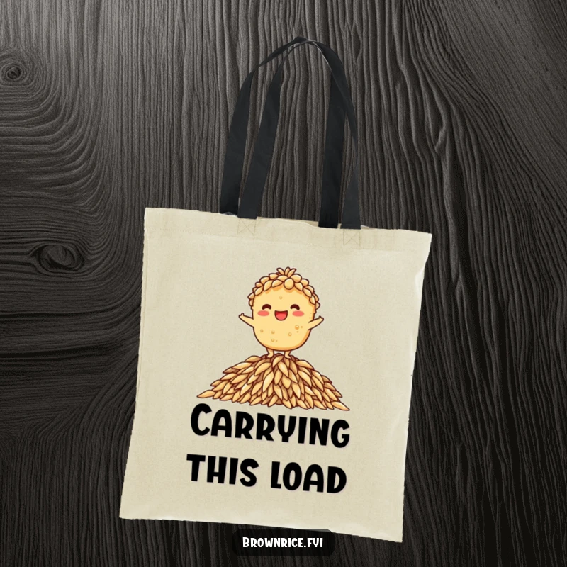 Funny tote bag depicting a grinning brown rice character standing balanced on a pile of rice, a great funny gift.