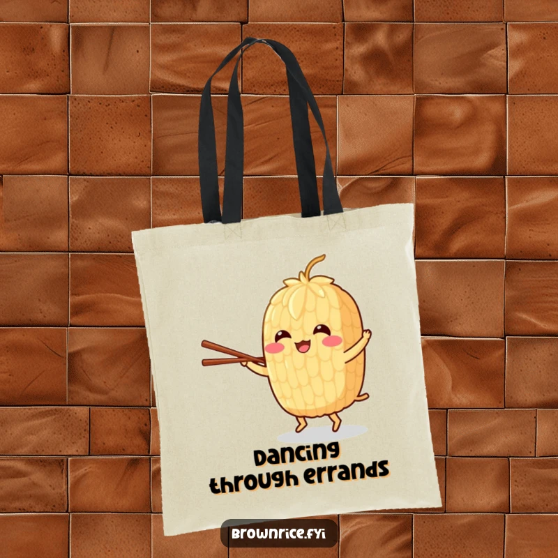 Funny tote bag with a cheerful brown rice grain character dancing with chopsticks, perfect for carrying daily items.