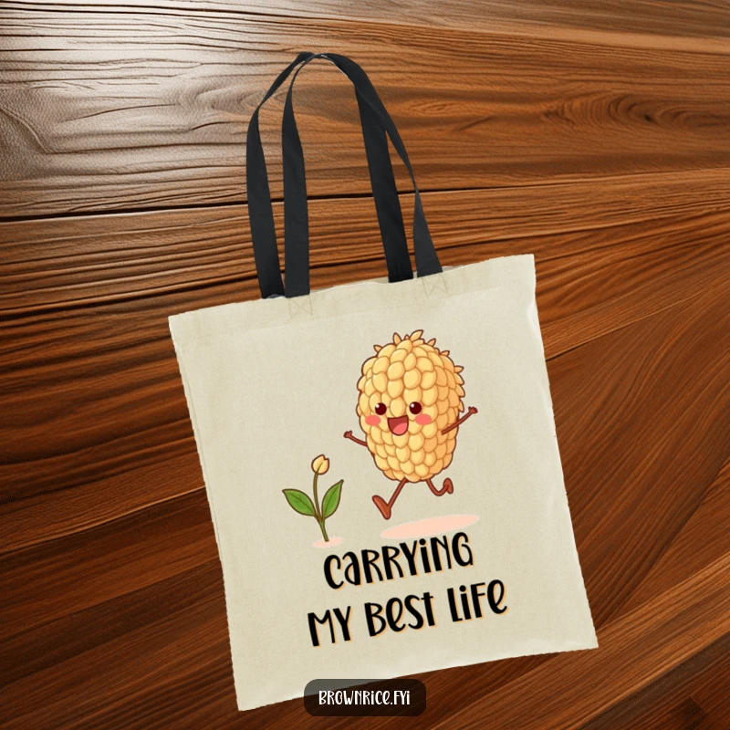 Funny tote bag featuring a brown rice grain character energetically skipping with a small sprout, perfect for stylish and humorous carrying.