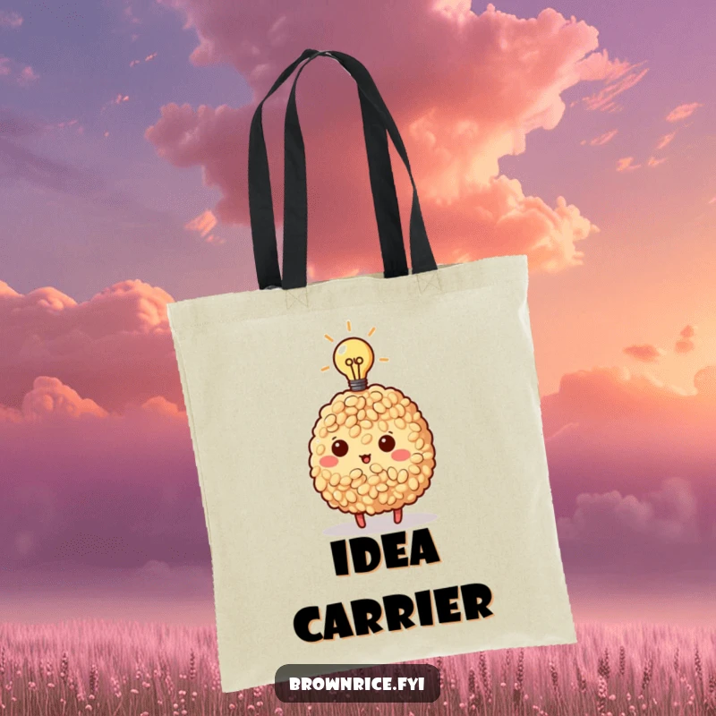 Funny Brown Rice Tote Bag featuring a brown rice character with a lightbulb, perfect for carrying ideas and daily essentials.