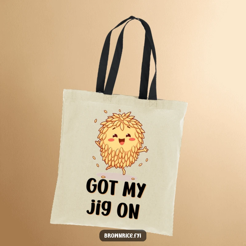 Funny Tote Bag with a happy brown rice cluster character performing a joyful jig, its grains bouncing energetically.