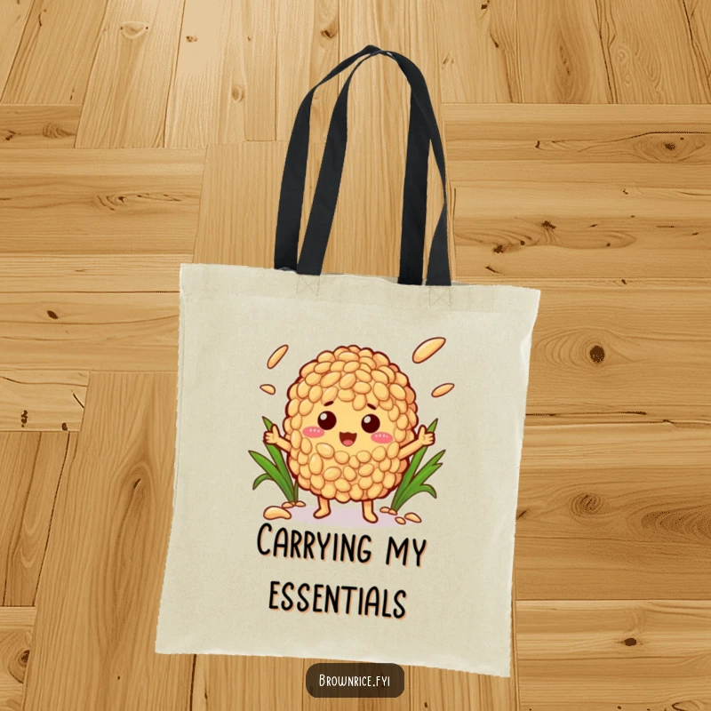 Funny tote bag with a delightful brown rice character juggling various grains of rice, perfect for stylishly carrying groceries.
