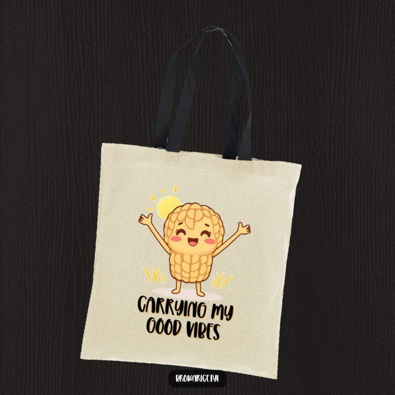 Funny tote bag with a cheerful brown rice character stretching blissfully in the sun, perfect for carrying essentials with a dose of humor.