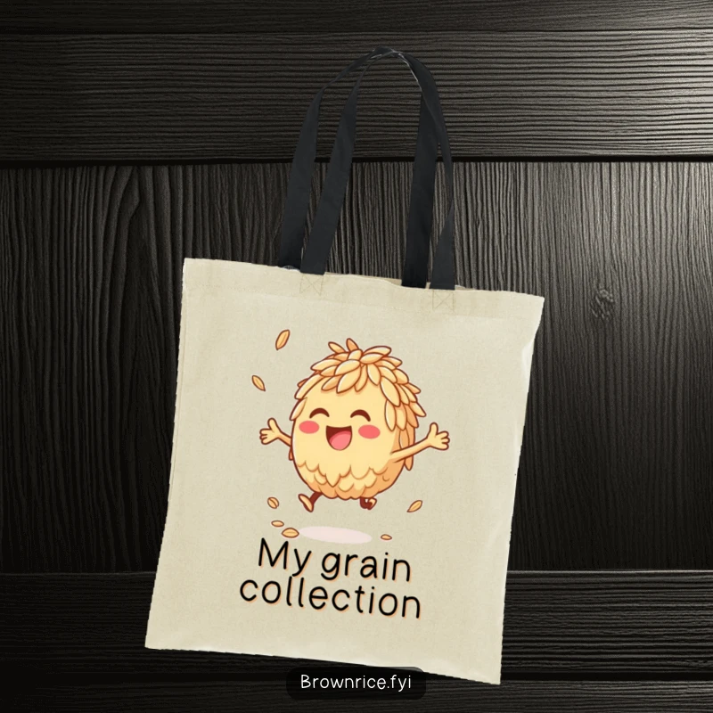 Anthropomorphic brown rice character joyfully bouncing a grain, a humorous tote for healthy living.
