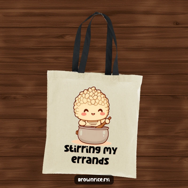 Funny Tote Bag: A brown rice character in an apron stirring a pot, perfect for carrying kitchen essentials.