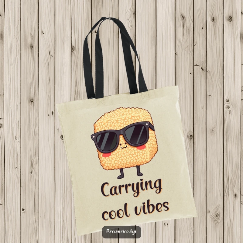 Funny brown rice block wearing oversized sunglasses, looking supremely cool on a durable and fashionable tote bag.