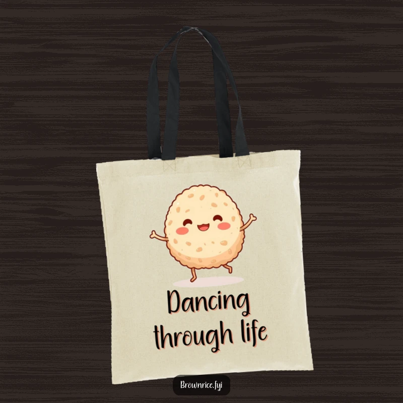 Funny kawaii brown rice ball with small legs doing a vibrant, silly dance, printed on a durable and stylish tote bag.
