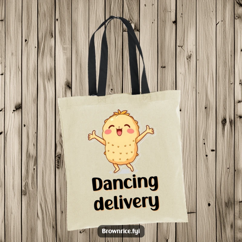 Funny tote bag depicting a brown rice character in a lively dance with arms flaring, a great funny gift.