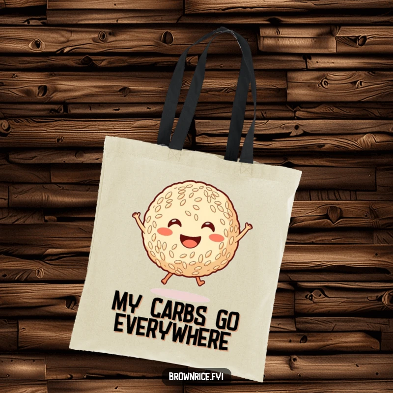 Funny brown rice ball with tiny legs jumping joyfully, a durable tote bag with a cheerful cartoon illustration for everyday use.