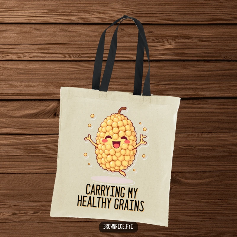 Funny tote bag featuring a quinoa grain character spinning enthusiastically, perfect for carrying essentials with a side of healthy cheer.