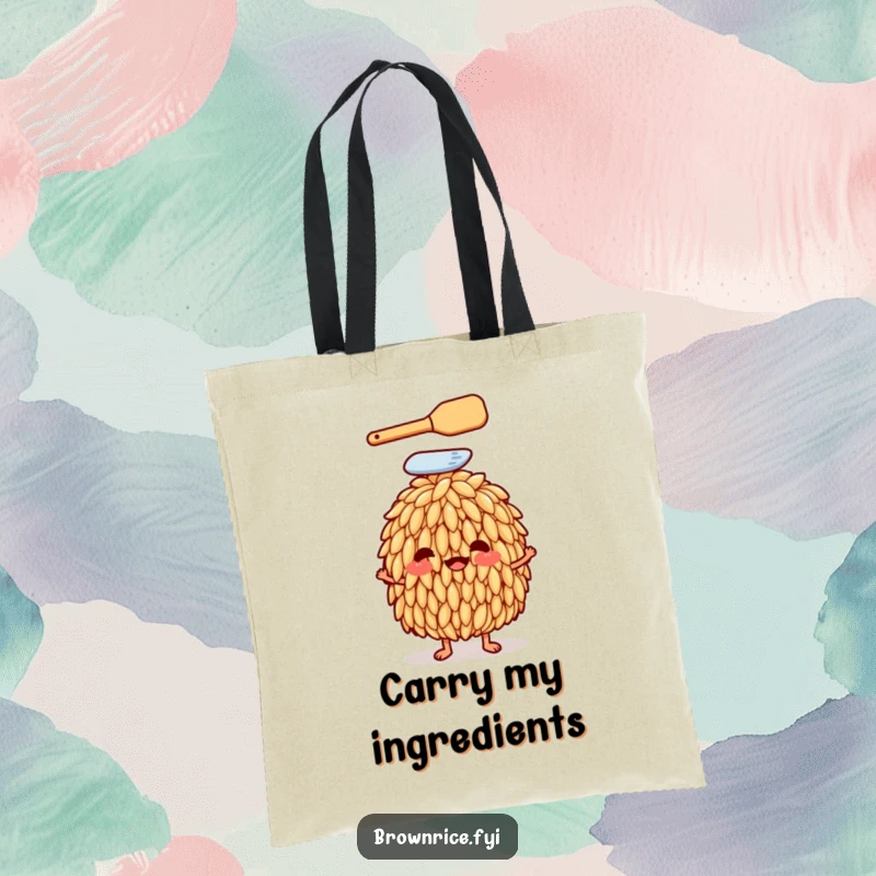 Funny brown rice grain character with a spatula on its head on a tote bag, symbolizing culinary passion, a great funny gift.