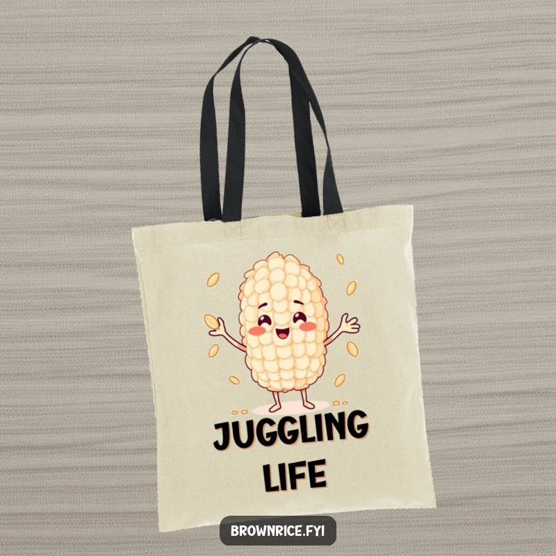 Funny grain of rice character juggling smaller grains, depicted on a durable and humorous tote bag.