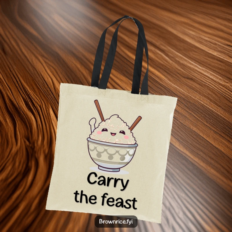 Cute and funny rice bowl character in a victorious pose with chopsticks raised, on a humorous tote bag.