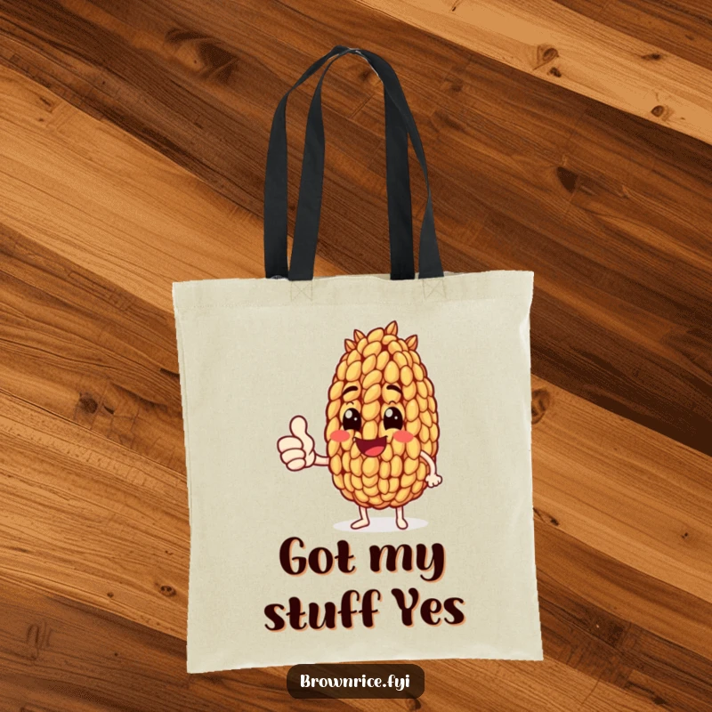 Funny tote bag featuring a brown rice grain character enthusiastically giving a thumbs up, perfect for carrying essentials with a smile.