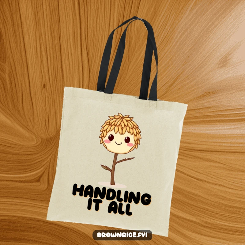 Funny smiling brown rice grain balancing on a single twig, printed on a durable and charming tote bag.
