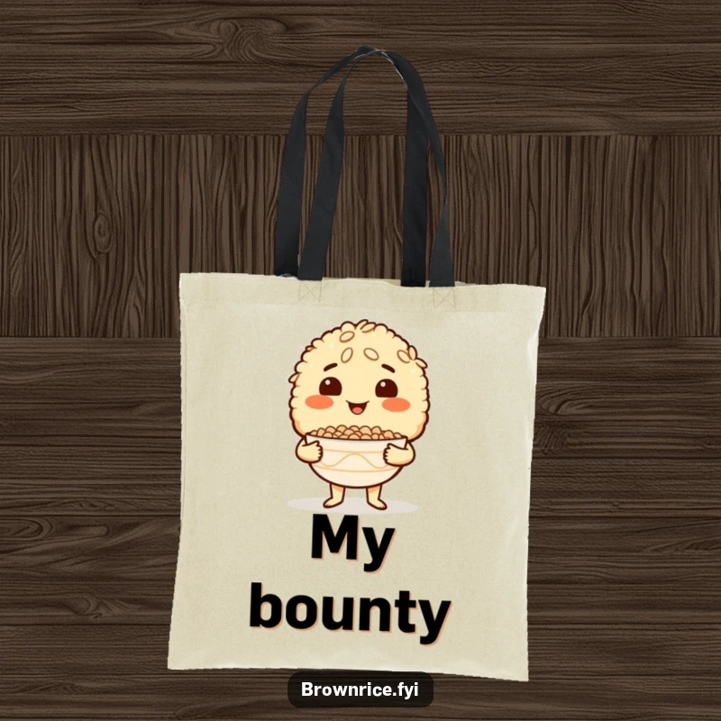 Funny Brown Rice Tote Bag featuring a proud brown rice character holding an empty bowl, perfect for grocery shopping or everyday use.
