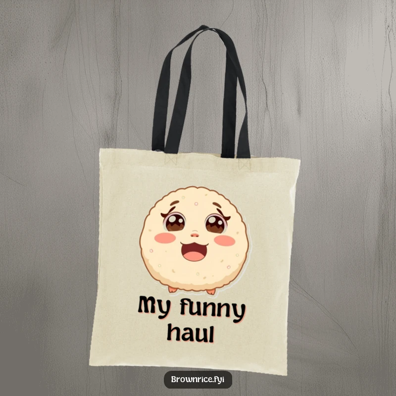 Funny surprised brown rice ball with wide eyes from laughter, a durable tote bag with a cute and humorous cartoon illustration.
