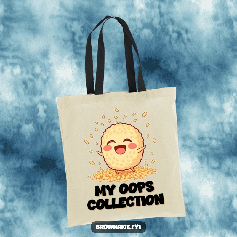 Funny Tote Bag showing a laughing brown rice character tripping, scattering its grains in a playful explosion.