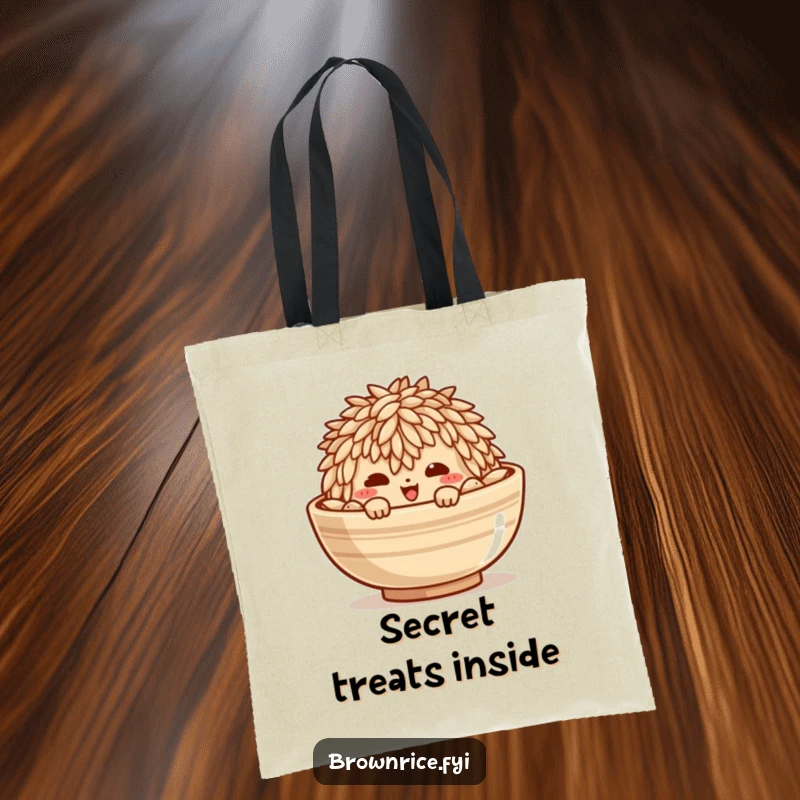 Funny tote bag with a mischievous brown rice grain character peeking from a bowl, perfect for carrying daily items.